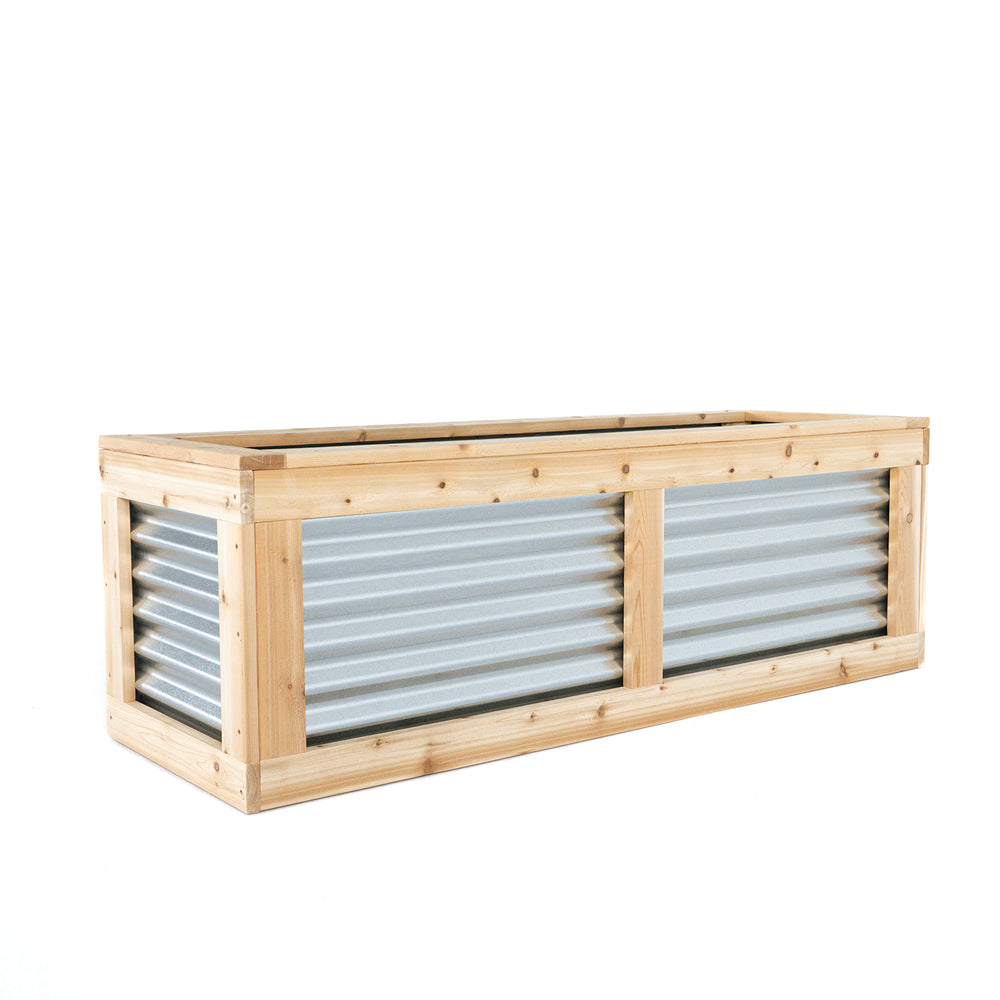 Large cedar-framed garden box with galvanized corrugated-metal side panels